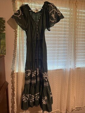 The Great Embroidered Black Maxi Dress with White Floral Detail